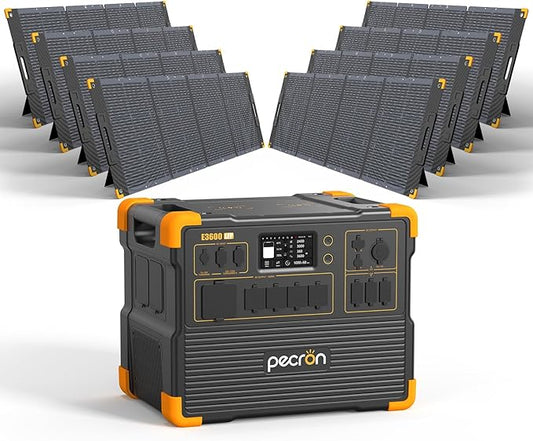 pecron Solar Generator E3600LFP 3072Wh with 8x300W Solar Panels, 5x3600W AC Outlets Portable Power Station, LiFePO4 Battery Backup Expanded to 15.36KWh, Power Station for Home Use, RV, Camping, CPAP