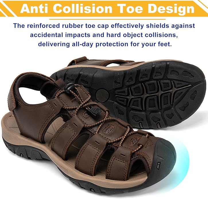 Men's Sport Sandals Closed Toe Leather Hiking Athletic Walking Outdoor Beach Trail River Fishing Water Shoes Lightweight Comfortable Waterproof