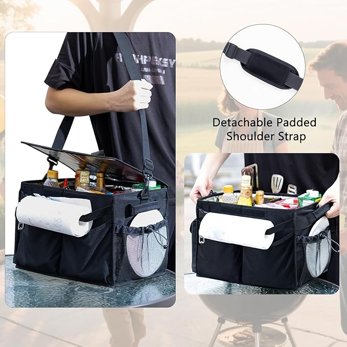 Large Grill Caddy with Lid – BBQ Organizer for Camping, Tailgating, RV, Boating – Grilling Gifts for Men – Collapsible Griddle Tote Bag with Shoulder Strap – Outdoor Essentials