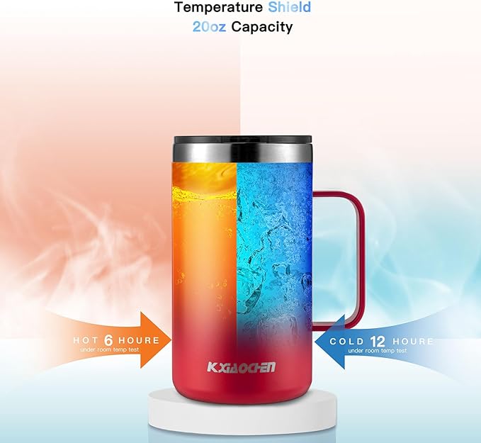KXIAOCHEN 20oz Insulated Coffee Mug with Lid, Stainless Steel Coffee Cup, Double Wall Vacuum Coffee Tumbler with Handle, Premium Thermal Travel Coffee Mug (Red)