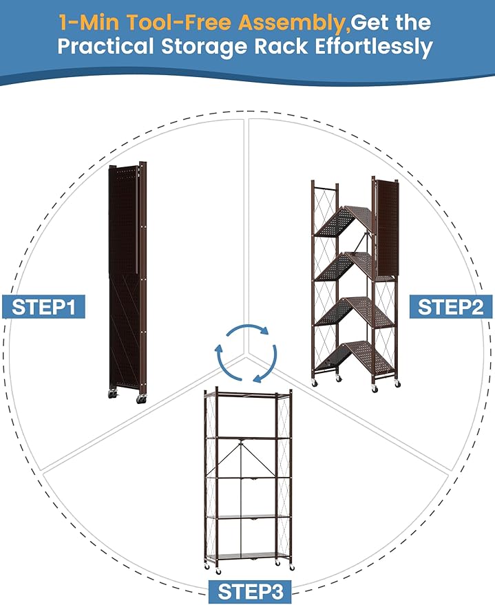 ALANNG 70.7" H Metal Storage Shelves, 5 Tier Folding Shelf on Wheels, Heavy Duty, No Assembly, Rolling, Collapsible Rack Unit for Kitchen, Basement, Pantry (Vintage Brown,1 Pack)