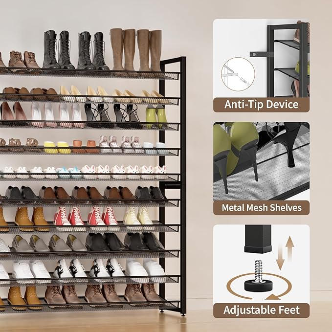 Metal Shoe Rack,Large 10 Tier Shoe Organizer, Heavy Duty Metal 5-Tier Stackable Shoe Storage Vertical Shoe Rack for Closet Front Door Entrance,Entryway,GarageUp to 62 Pairs,Black