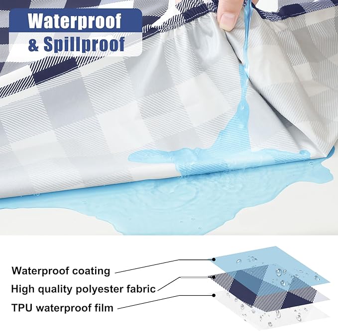 Smiry Picnic Table Cover with Bench Covers, Waterproof Elastic Fitted Tablecloths for 6 Foot Rectangle Tables, Washable Buffalo Plaid Tablecloth for Camping, Outdoor (Navy & White, 30"x72")