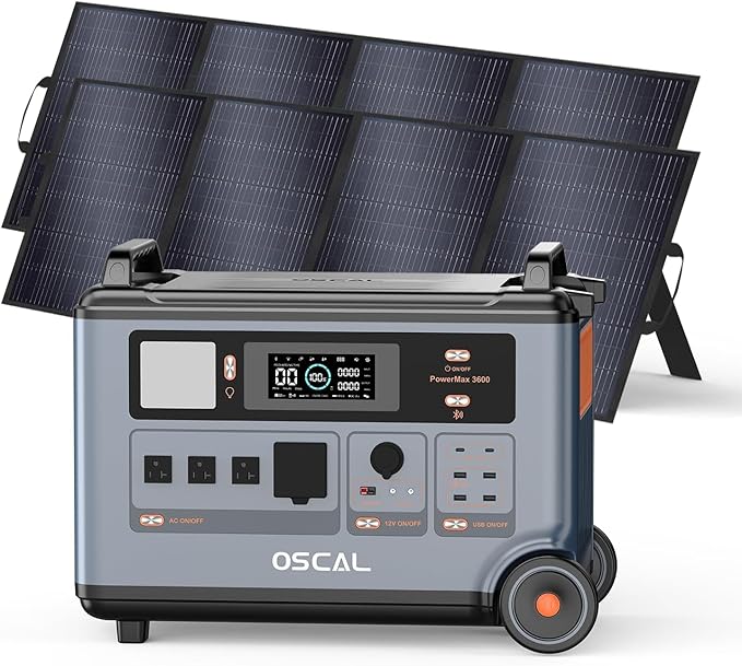 OSCAL PowerMax 3600 Solar Generator, 3600Wh/3000W Portable Power Station with 2×400W Solar Panels, 4 AC Outlets (6000W Peak), 1.2H Fast Charging, App Control for Home, Camping & RVs