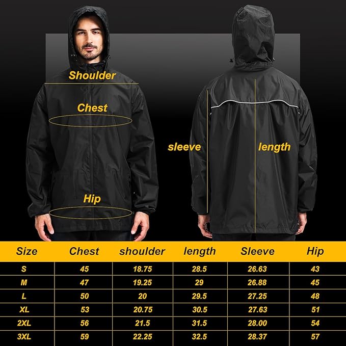 Men's Packable Rain Jacket Waterproof Outdoor Classic Lightweight Raincoat Hooded Windbreaker