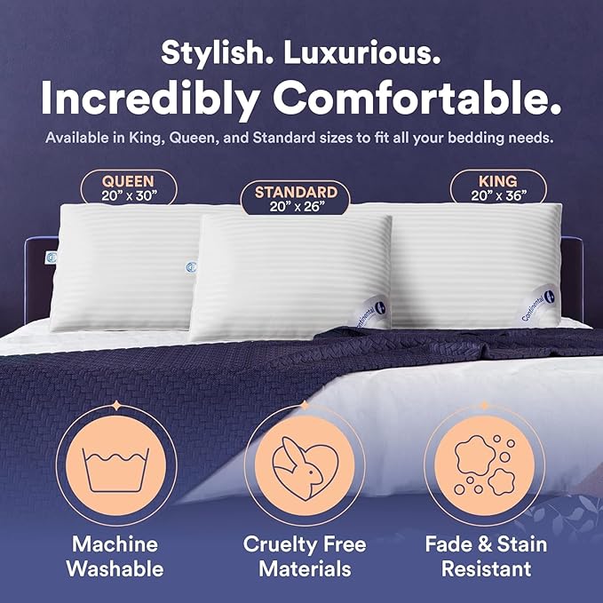 Continental Bedding | Serenity Goose Down Pillow | 700 Fill Power Hungarian White Down | 400TC Cotton Damask Shell | Made in USA | Firm, Standard with Protector