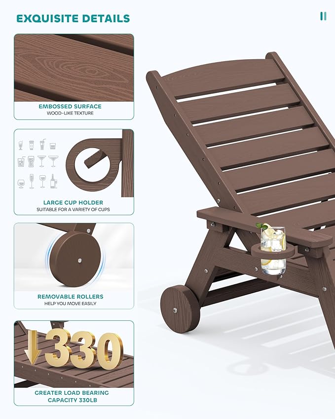 SERWALL Patio Chaise Lounge Chair, 78'' Long HDPE Outdoor Lounge Chair 5 Positions Adjustable Outdoor Lounger, Poly Lounge Chair with Rolling Wheels & Cup Holder for Pool, Coffee Brown