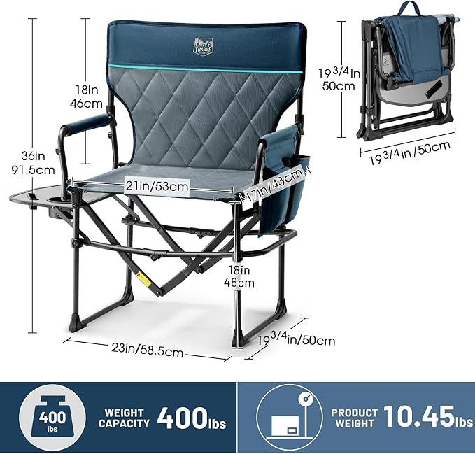 TIMBER RIDGE Aluminum Camping Directors Chair with Side Table Pocket, Portable Folding Heavy Duty Lawn Chair for Fishing Trip Picnic Concert Outdoor 400lbs, Navy 2 Pack