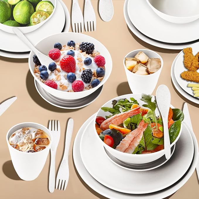 Wheat Straw Plate and Bowl sets with cups and cutlery set of 64 - Unbreakable Dinnerware service for 8 - Microwave and Dishwasher safe dish sets for kitchen,indoors and out doors.White