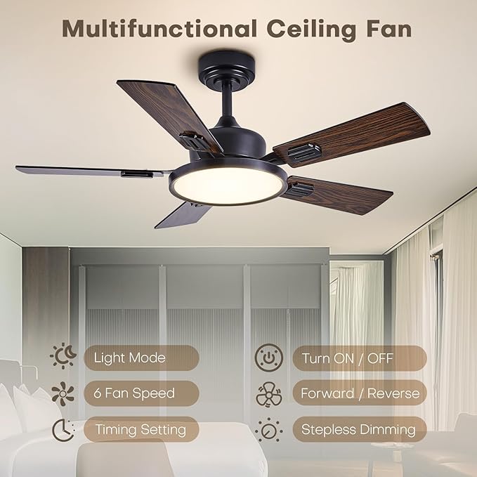 42" Ceiling Fans with Lights Remote Control, Black Ceiling Fan with Dimmable 3CCT LED Light, 6 Speeds Quiet Reversible Wood Ceiling Fan Light for Bedroom, Farmhouse, Garage, Office, Indoor Use
