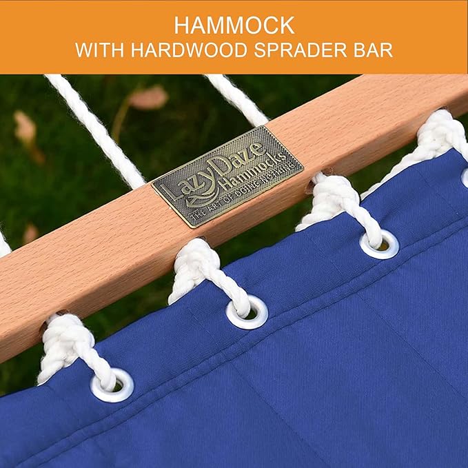 Lazy Daze Hammocks 12 FT Double Quilted Fabric Hammock and 13 FT Brown Wooden Arc Stand, with Spreader Bar, Removable Pillow, 2 Person Hammock for Outdoor Patio Poolside, 450 lb Capacity, Navy Blue