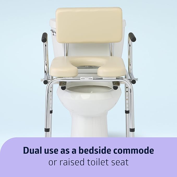 Medline Drop Arm Commode with Padded Seat and Backrest, Durable Toilet Chair for Adults and Seniors, Removable Pail, Splash Guard, Drop Down Arms for Easy Transfer, 350 lb. Weight Capacity, Tan