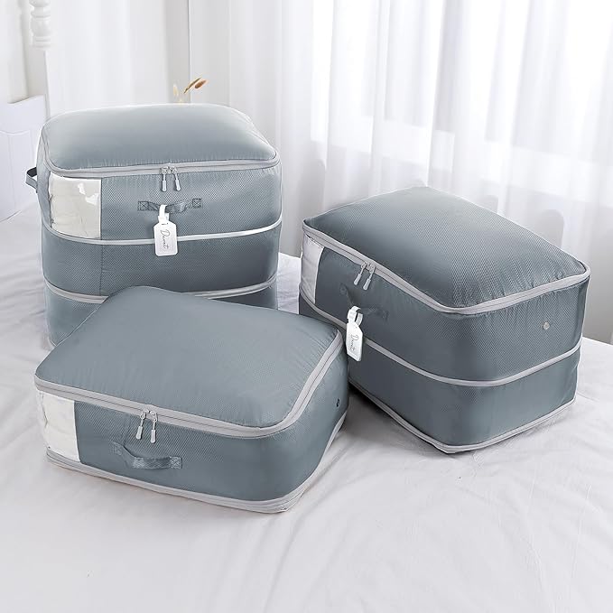 Comforter Storage Bag - Large Capacity Blanket Storage Bags 3-Layer Ultra Space Saving Self Compression Organizer, Washable Compression Bags for Storage Comforter Blanket, 2-Pack, Grey