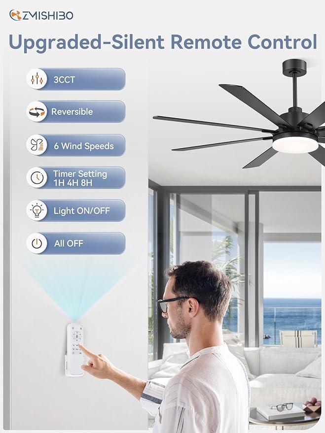ZMISHIBO 65 Inch Modern Ceiling Fans with Lights, Indoor/Outdoor Ceiling Fans with Large LED Panel, Quiet Reversible DC Motor, 6-Speeds, 3CCT, Black Ceiling Fan for Patio, Livingroom, Garage