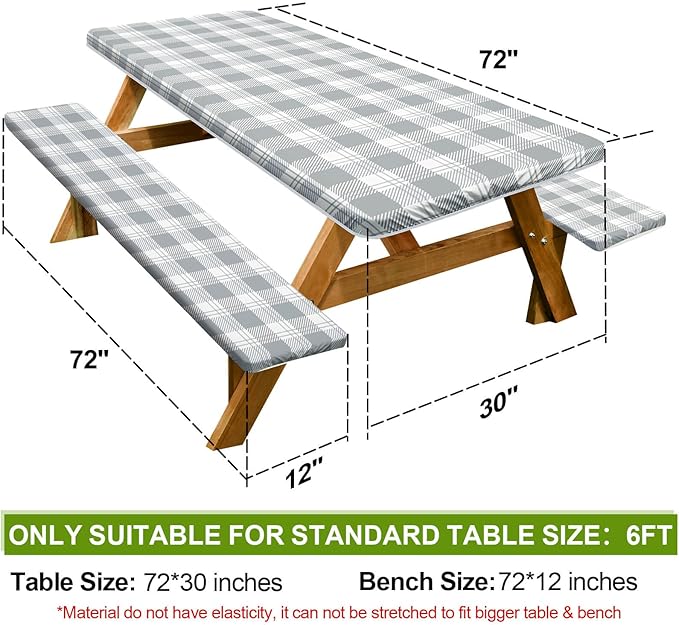 Picnic Table Cover with Bench Covers Camping Essentials Waterproof Windproof Camping Tablecloth with Drawstring Bag, Fitted Rectangle Tables and Seats, 72in, Grey Checkered