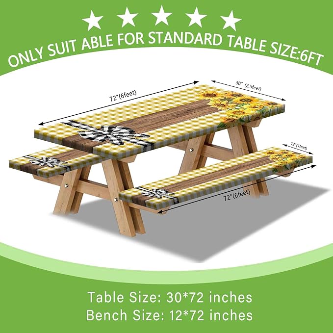Picnic Table Cover with Bench Covers, Sunflower Buffalo Plaid Farmhouse Wood Waterproof Elastic Fitted Tablecloths Outdoor Camping Essentials, with Drawstring Bag, 96in, Yellow