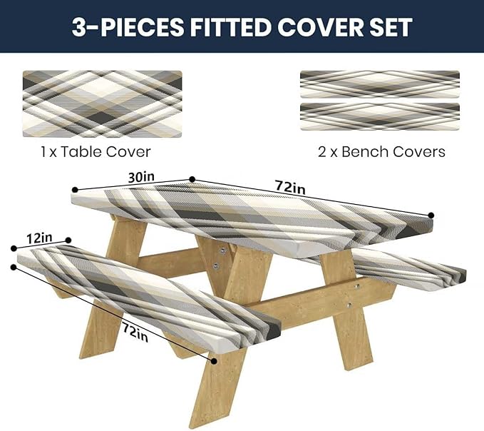 CAPSCEOLL Picnic Table Cover with Bench Covers Farm Plaid Waterproof Camping Tablecloth All-Weather Outdoor Table Protector with Drawstring Bag for Camping Essentials, 72X30in, Grey White