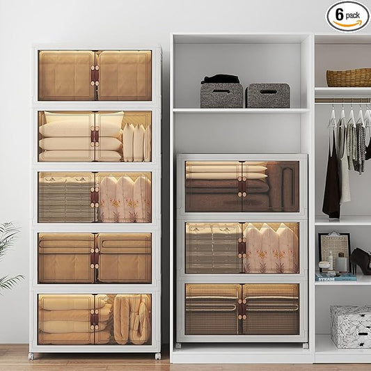 Extra Large Stackable Storage Bins with Lids & Wheels & Door, 960QT-160QT/40GAL*6Pack Foldable Collapsible Closet Organizers, Plastic containers drawers for bedroom Dorm