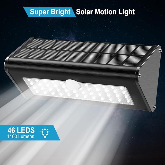 SECUROAD 1100 Lumens Solar Motion Sensor Lights Outdoor, IP65 Waterproof, 4500mAh Battery, Black Aluminum Metal Security Flood Wall Lights, 1 Pack, Daylight