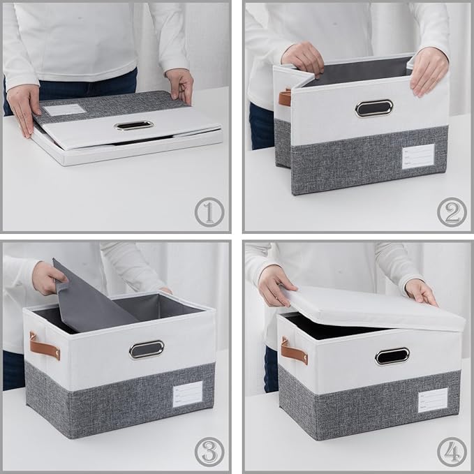 PRANDOM Foldable Storage Bins with Lids [3-Pack] Fabric Collapsible Storage Boxes Baskets Cubes Containers with Handles for Closet Living Room Bedroom (Grey & White 14.9x9.8x9.8'')