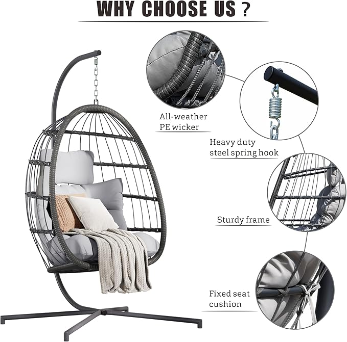 HWB Hanging Egg Chair with Stand, Swing Hammock Chair with Cushion for Indoor Outdoor, Patio Wicker Egg Swing Chair for Balcony Furniture, Light Gray