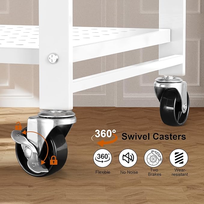 Himix 5-Tier Storage Folding Shelf with 20 Hooks, 4 Wheels, and Adjustable Feet, Stainless Steel