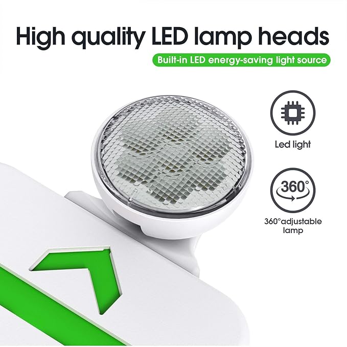 Green Led Exit Sign Emergency Light Combo Adjustable Two Head, Double Sided and Battery Backup Exit Light, Contractor Select, AC 120/277V (4 Pack)