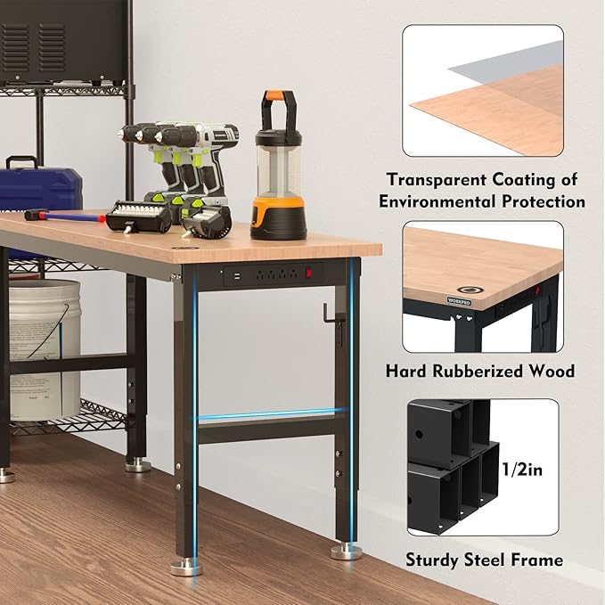 WORKPRO 60" Adjustable Workbench, Rubber Wood Top Heavy-Duty Workstation, 2000 LBS Load Capacity Hardwood Worktable with Power Outlets, for Workshop, Garage, Pack of 10