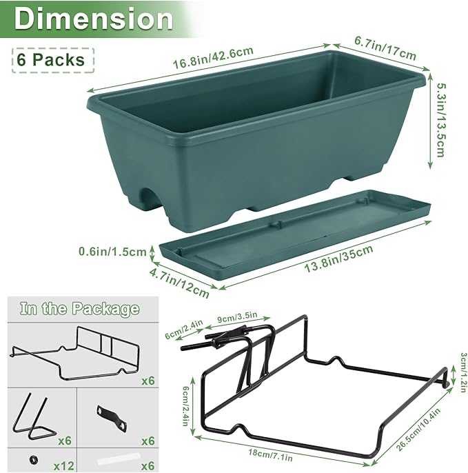 HAITRAL Railing Planter Boxes (16.9 Inch, 6 Pack) Green Plastic Deck Rail Planters for Outdoor Plants, Hanging Window Boxes with Drainage Tray for Over Rail Porch Fence,Balcony & Home Decor