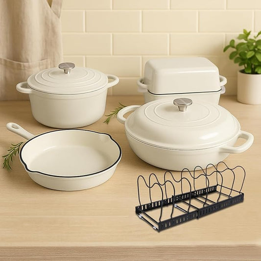 QuliMetal Enameled Cast Iron Cookware Set, 5-Piece – 2.3QT Dutch Oven, 4.7QT Braiser, 10" Skillet, 9x5" Oval Bread Pan & Rack – Versatile Oven-Safe Enamel Cast Iron Pots and Pans for Home Cooking