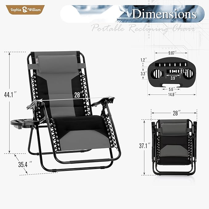 Sophia & William Oversized XL Zero Gravity Recliner Chair Set of 2 Padded, Folding Reclining Lounge Chair with Wide Armrest and Cup Holder, Support 400 LBS, Black