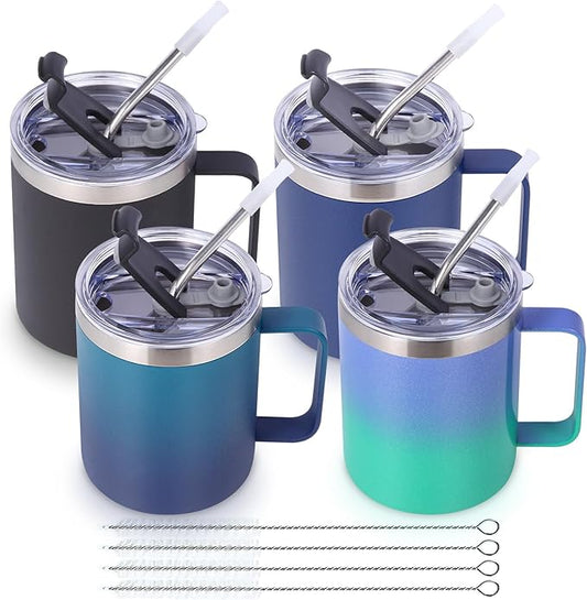 Volhoply 12oz Insulated Leakproof Coffee Mug with Sliding & Straw Lid Bulk 4 Pack,Double Wall Vacuum Stainless Steel Travel Tumbler Cup with Handle,Camping Mugs Keep Cold/Hot(Assort color,4 Set)