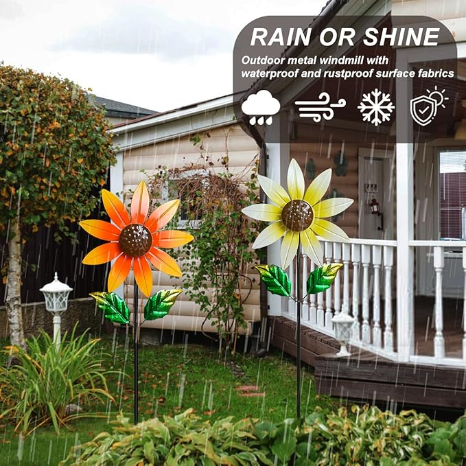 2 Pack Metal Wind Spinners for Outdoor Decor - Garden Windmill Sculptures, Yard Art for Patio Lawn - Vibrant White Daisies & Orange Sunflowers Metal Spinners for Garden Decorations