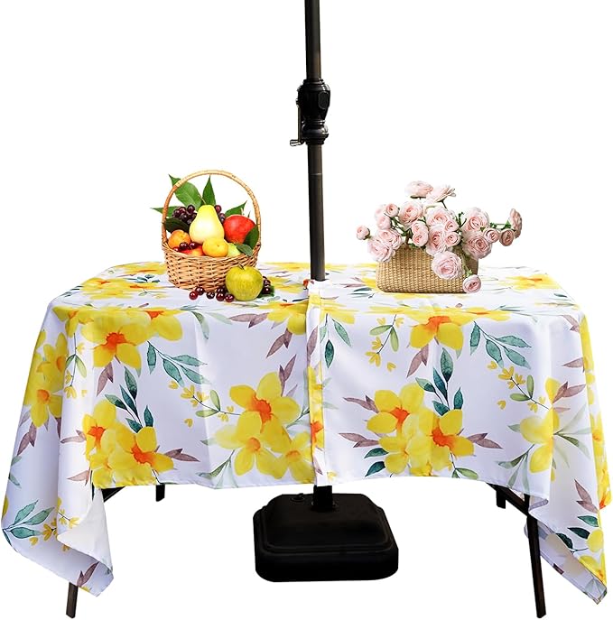 SquarePie Outdoor Indoor 60x84 inch Rectangle Tablecloth with Umbrella Hole and Zipper, Waterproof Patio Zippered Table Cloth Cover for Spring Summer Party Picnic,Yellow Flower