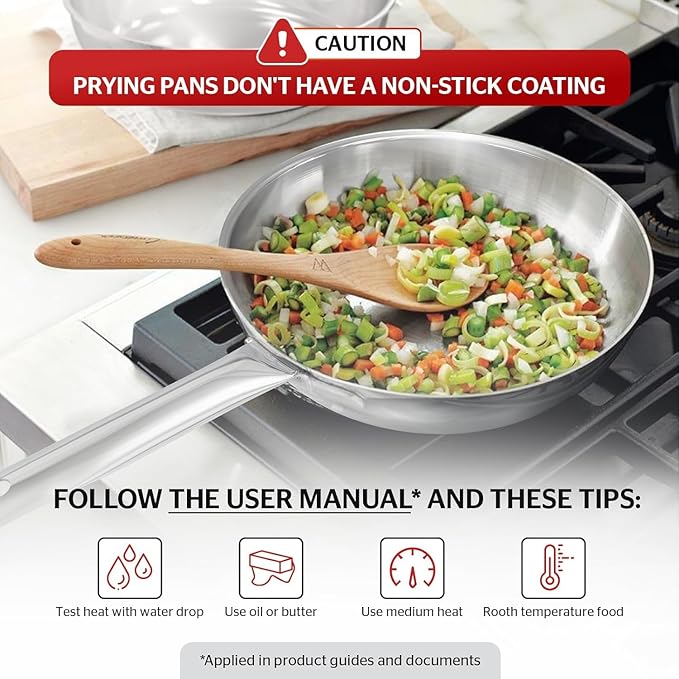 Sunhouse 18/10 10 Inch Stainless Steel Frying Pan, Whole-Clad No Coatings Skillet with Stay-cool Handle for Cooking, Durable & Oven Safe to 500°F, Dishwasher Safe, Compatible with All Cooktops