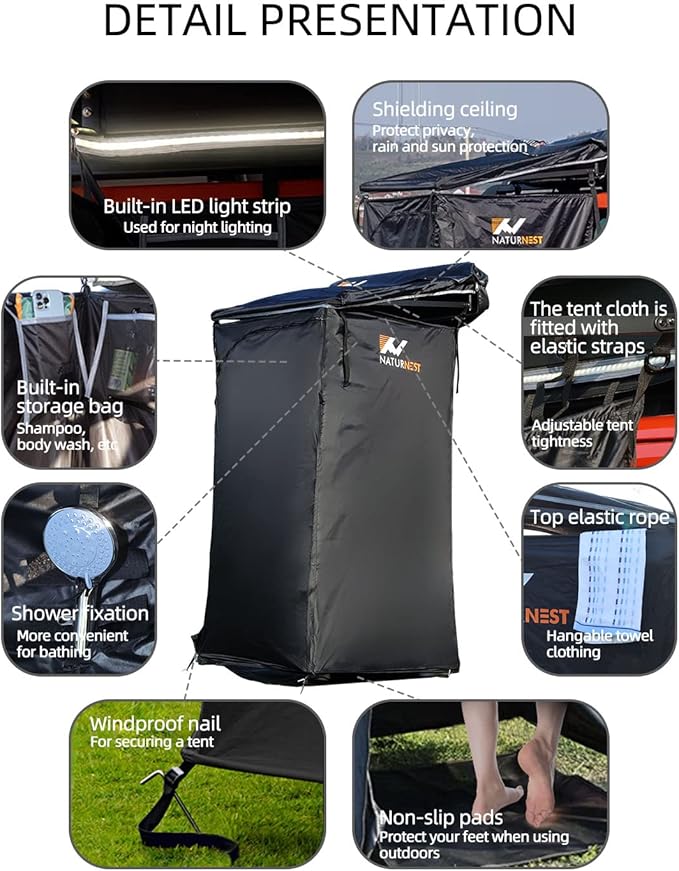 Naturnest Shower Awning with Roof and Floor mat, Overland Shower Awnings, Bathroom Tent for SUV Car Camping Shower Tent Roof Shower Awnings Toilet Camping Privacy Shelters Car Side Shower Room