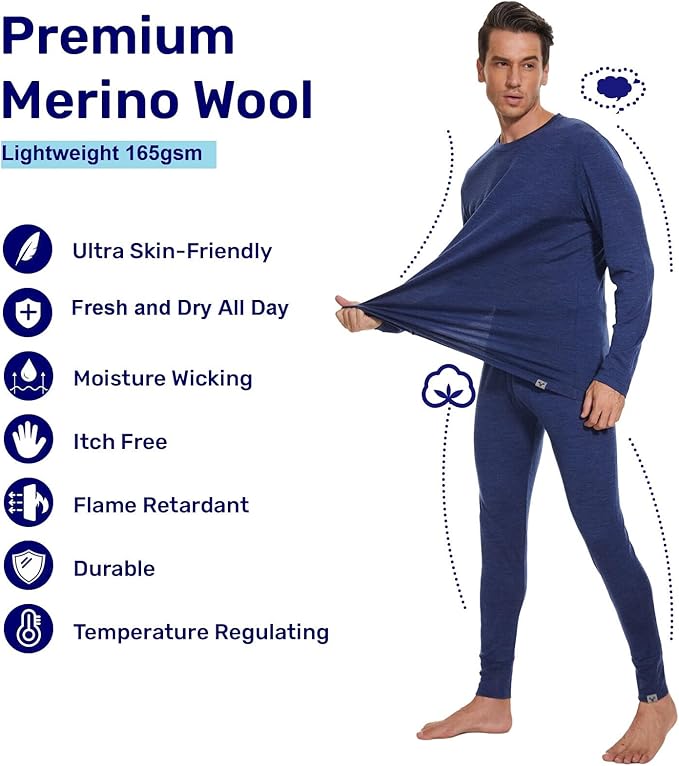 MERINNOVATION Merino Wool Base Layer Set for Men 100% Merino Wool Thermal Underwear Long Sleeve