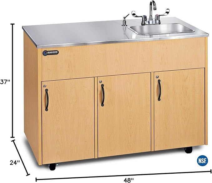 Ozark River Portable Sinks, Advantage S1D, Maple Laminate Cabinet-Stainless Countertop, Hot Water Hand Washing Station with Countertop & Storage Space, Self Contained Sink, Portable Hand Washing Sink