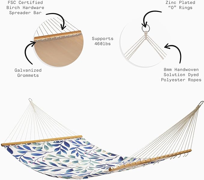 Fab Habitat Botanical Floral Recycled Polyester Hammock - Rainforest - White Multi - Indoor/Outdoor, Quick Dry, 2 Person 460 lbs Capacity - Patio, Poolside, Backyard - 12-14 ft Adjustable