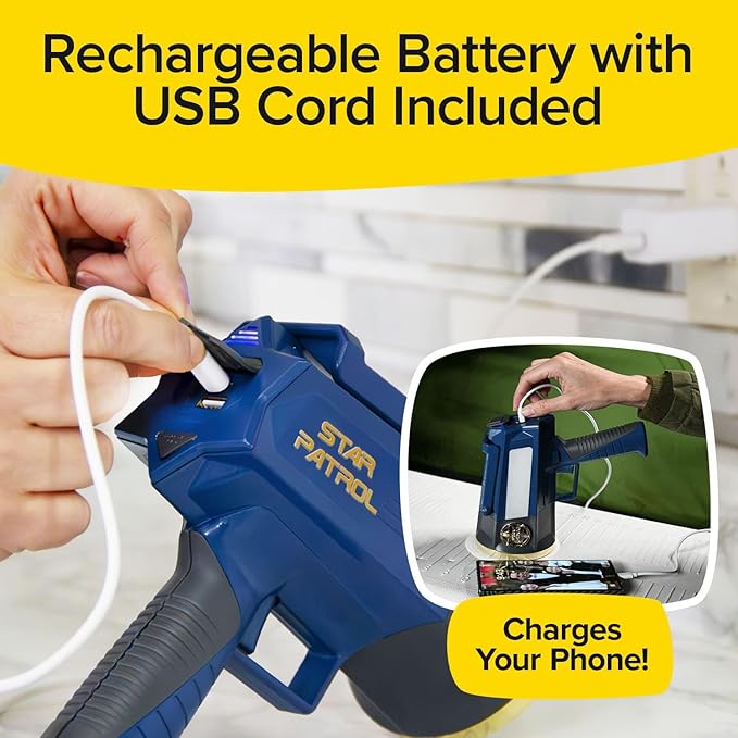 Mega-Bright Rechargeable Spotlight, AS-SEEN-ON-TV, Tactical & Emergency Flashlight, 10 Modes, Turbo Boost Up to 100%, Built-in Kickstand & Phone Charger, for Camping, Emergencies, Walking