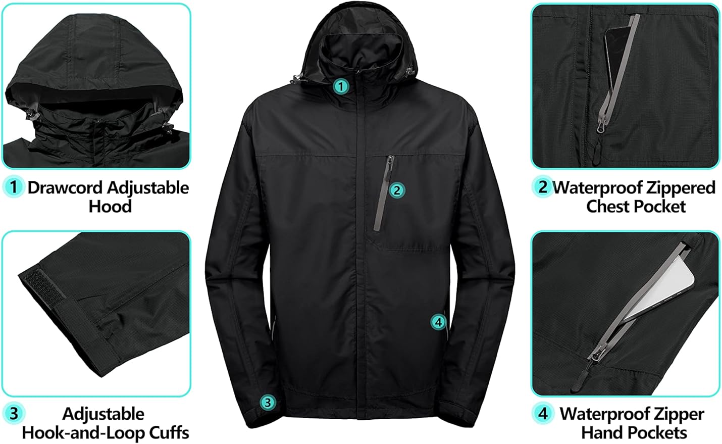 Little Donkey Andy Men's Waterproof Rain Jacket Outdoor Lightweight Hooded Raincoat for Hiking Golf Travel Fishing