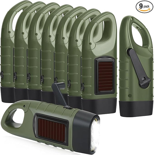 Leelosp 9 Pieces Hand Crank Flashlight Solar Powered Flashlight for Emergencies Dynamo Rechargeable LED Survival Light for Outdoor Sports Hiking Camping (Green)
