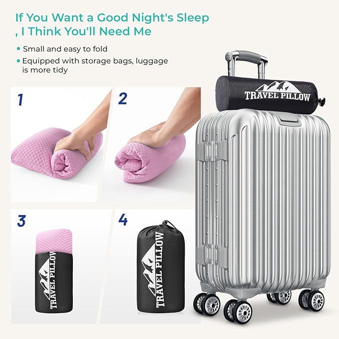 Travel Pillow Memory Foam Pillows, Camping Pillow-Compressible Medium Firm, Breathable Cover, Ideal Backpacking Hiking, Bed Pillows, Airplane and Car (Apricot Powder, M)