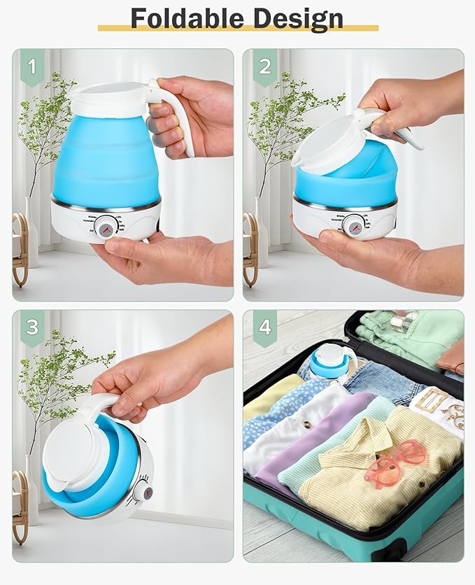 Portable Electric Travel Kettle, 600ml Collapsible Silicone Kettle with Temperature Adjustment Function for Camping, Hotels and Travel (BLUE)