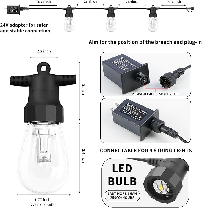Outdoor String Lights 27FT, Outdoor Lights for Patio with 10 Dimmable RGBW LED Bulbs, IP66 Waterproof Shatterproof, with APP Control & Remote, 24V Adapter Color Change,for Backyard Decor