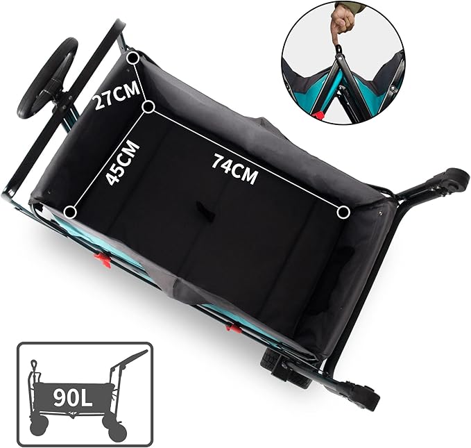 Folding Utility Wagon | Heavy-Duty Collapsible Cart with Brakes & Adjustable Handle | for Gardening, Beach Trips, Camping, Shopping & Outdoor Transport (Turquoise/Grey)