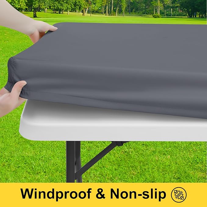 Smiry Picnic Table Cover with Bench Covers, Waterproof Elastic Fitted Polyester Tablecloths for 8 Ft Rectangle Tables, Washable Windproof Tablecloth for Camping, RV & Outdoor (Grey, 30x96 Inches)