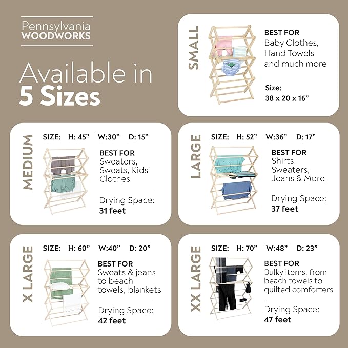 Pennsylvania Woodworks Clothes Drying Rack: Solid Maple Hard Wood Laundry Rack for Baby Clothes, Hand Towels, Delicates & More, Durable Small Folding Drying Rack, Made in USA, No Assembly Needed