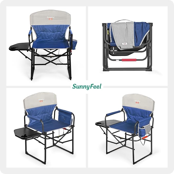 SUNNYFEEL Heated Camping Directors Chair 2 Pack, Portable Folding Lawn Chairs for Adults Heavy Duty with Side Table,Pocket for Beach, Fishing,Picnic,Concert Outdoor, Foldable Camp Chairs