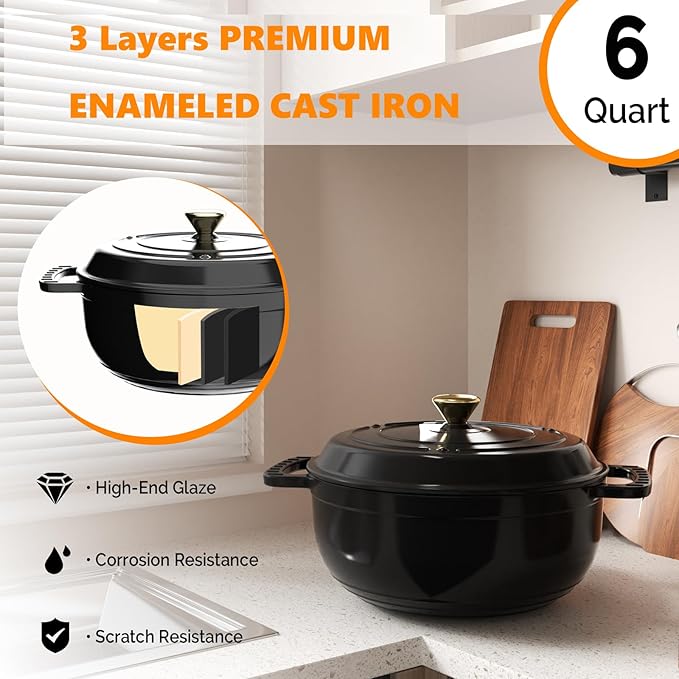 BONNLO 6QT Round Dutch Oven, Enameled Cast Iron Dutch Oven Pot with Lid & Dual Handles, Oven Safe Up to 500° F, for Sourdough, Bread Baking, Stews and Roasting (Black)